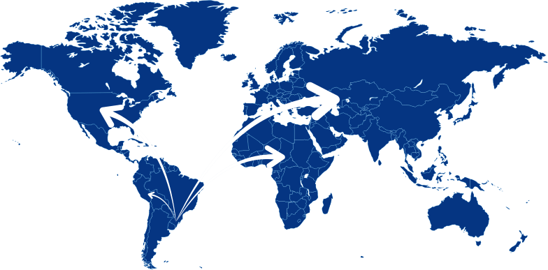 Mapa mundial mostrando a área de atuação da Trevisan Alimentos
